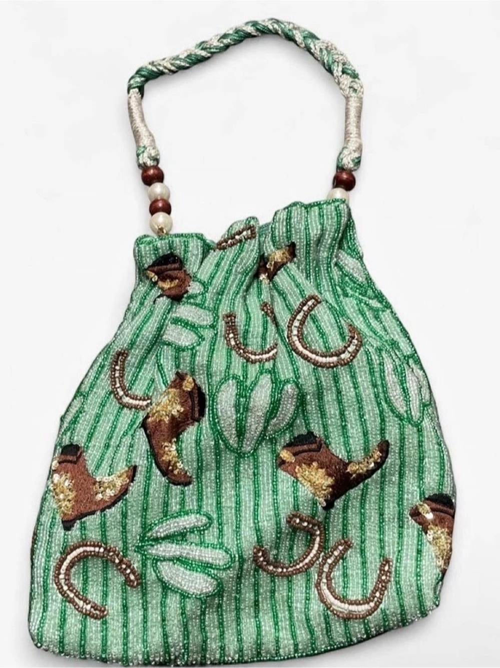 Beaded Horseshoe and Boots Shoulder Bag in Green & White